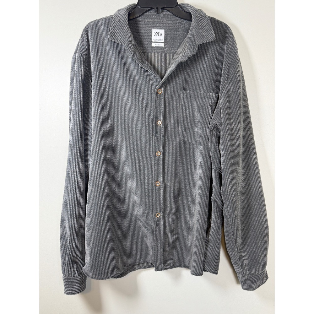 Zara Men Relaxed Fit Corduroy Shirt Grey Long Sleeve Button Up XL
